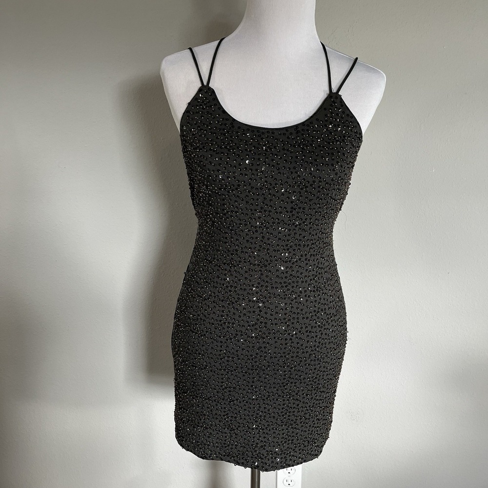 NBD Revolve Nimah Beaded Sequin Mini Dress Strappy Back Olive Green Size S